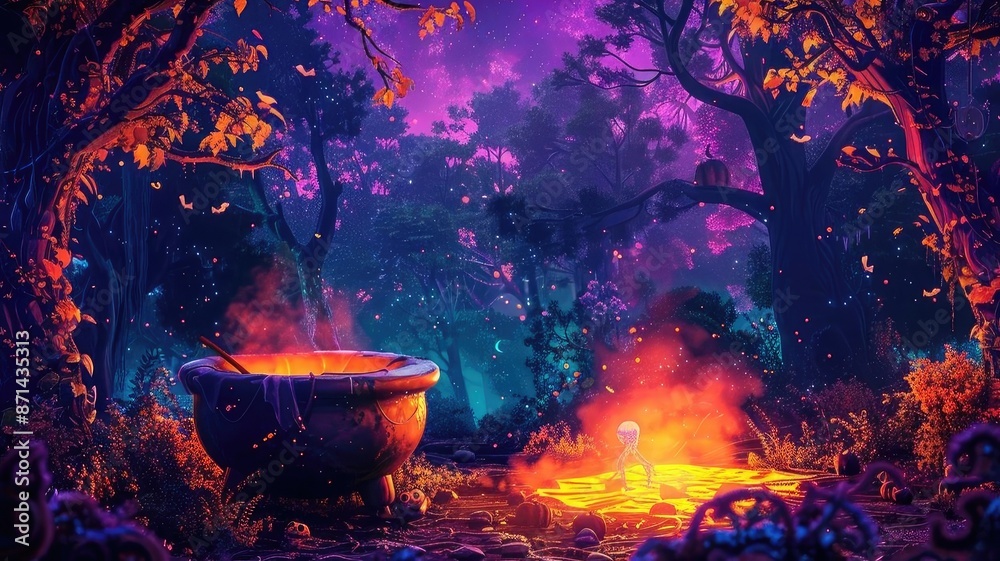 Magical forest scene with a glowing cauldron and fire, surrounded by colorful trees under a vibrant purple sky at night. Magical forest scene with a glowing cauldron and fire, surrounded by colorful trees under a vibrant purple sky at night.