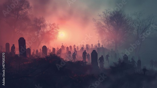 Eerie graveyard scene at sunset with ghostly figures emerging from the fog, perfect for Halloween or horror themes.