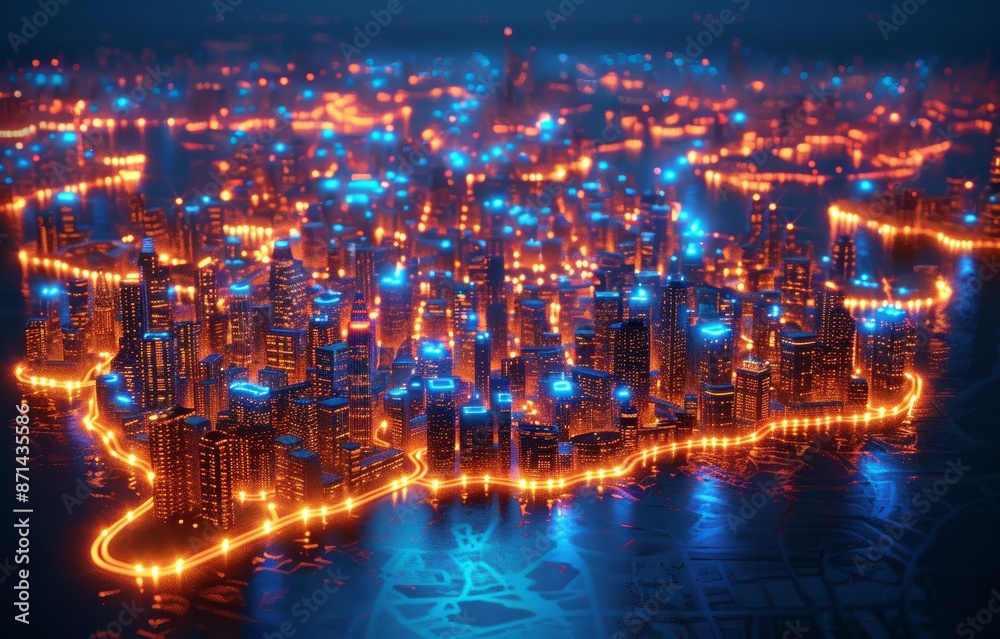 Aerial View of Futuristic Cityscape with Glowing Neon Lights and Skyscrapers at Night Aerial View of Futuristic Cityscape with Glowing Neon Lights and Skyscrapers at Night