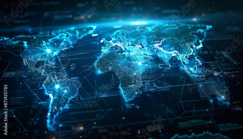 World map with glowing holographic continents futuristic blue tones digital rendering details showing technological connections between countries