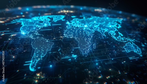 Fototapeta Naklejka Na Ścianę i Meble -  World map with glowing holographic continents futuristic blue tones digital rendering details showing technological connections between countries