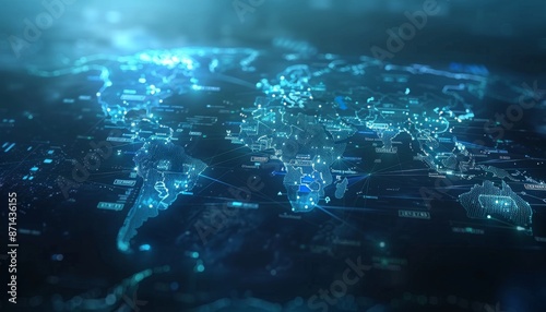 World map with glowing holographic continents futuristic blue tones digital rendering details showing technological connections between countries