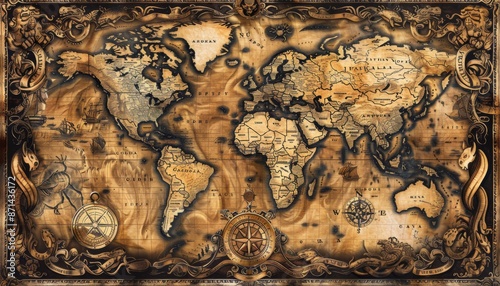 Antique style world map, vintage, sepia tones, hand-drawn illustration, intricate details with old-fashioned compass and sea monsters