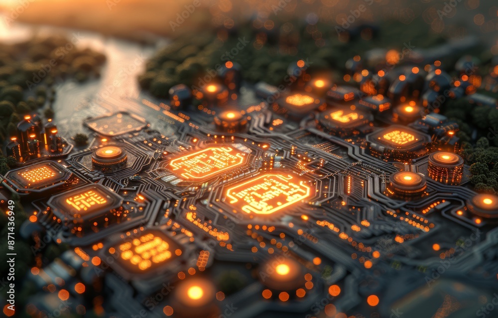 Aerial View of Futuristic Circuit Board City with Glowing Microchips and Advanced Technology Aerial View of Futuristic Circuit Board City with Glowing Microchips and Advanced Technology