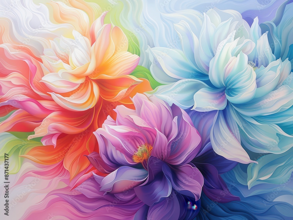 A painting of three flowers in a vase with a blue background A painting of three flowers in a vase with a blue background