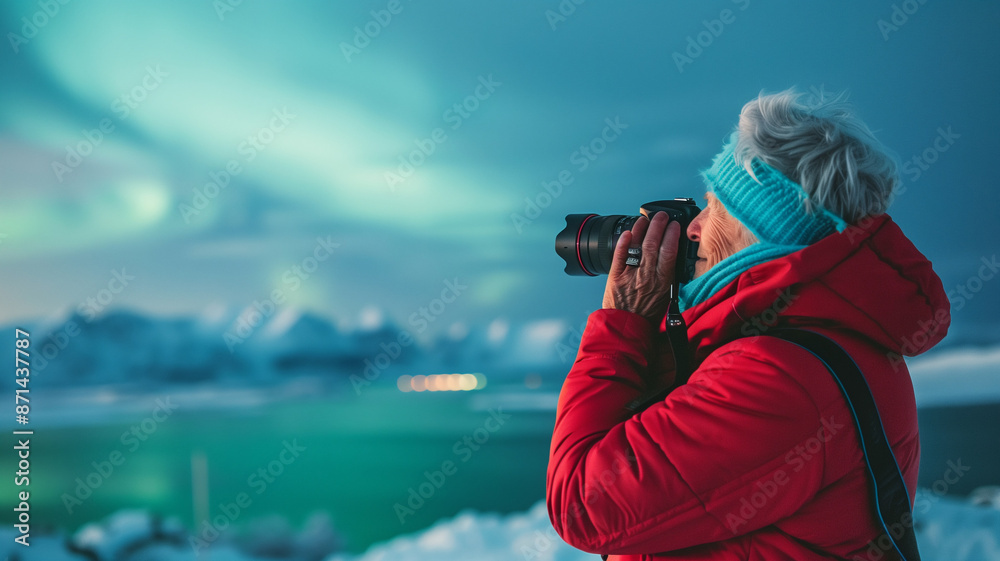 Obraz premium A senior woman in winter clothing capturing the magical dance of the northern lights