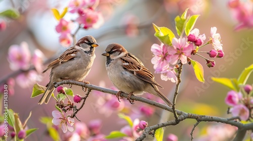 Two Sparrows Perched on a Branch Amidst Blooming Pink Flowers © We3 Animal