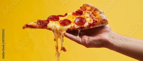 A human hand holding a slice of pepperoni pizza with gooey cheese stretching, in front of an Italian bistro with a cozy, warm ambiance