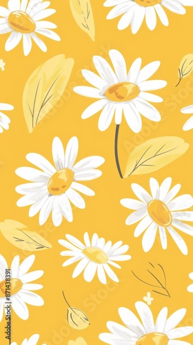 White Daisies and Yellow Leaves Pattern Wallpaper