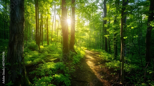 Path footpath in the deciduous forest in spring summer morning sun. Young lush green trees in forest