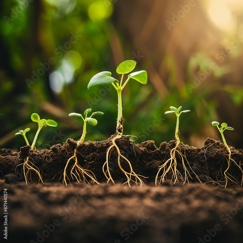 Germination of seeds with roots in a transparent container filled with soil, familiarization with the process of plant growth, focusing on the first signs of life in green shoots.
