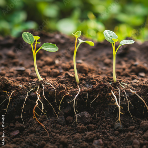 Germination of seeds with roots in a transparent container filled with soil, familiarization with the process of plant growth, focusing on the first signs of life in green shoots.