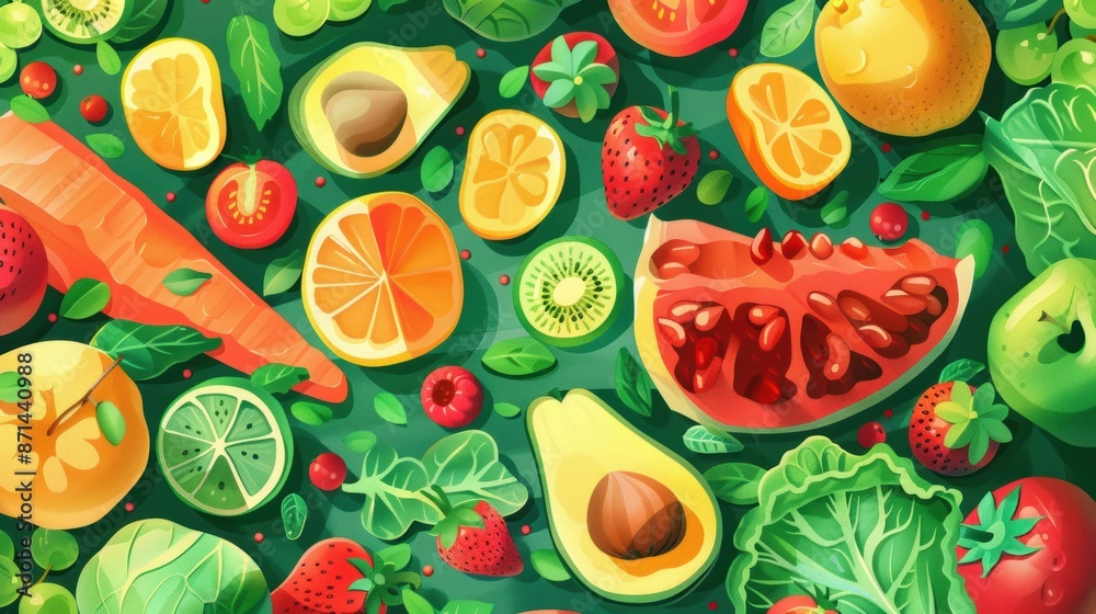Assorted fruits and vegetables illustration. Assorted fruits and vegetables illustration.
