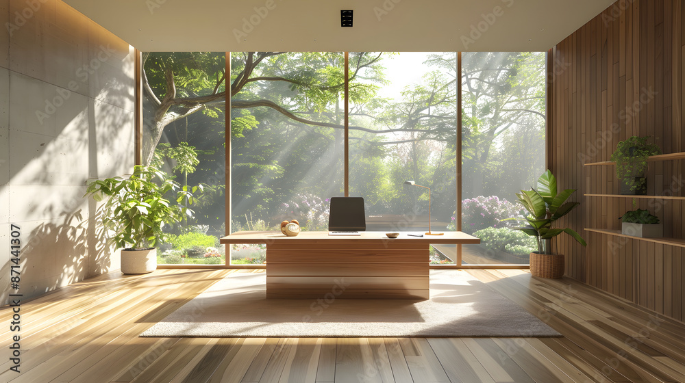 Fototapeta premium Modern hot desk office with natural lights shining in, company workspace