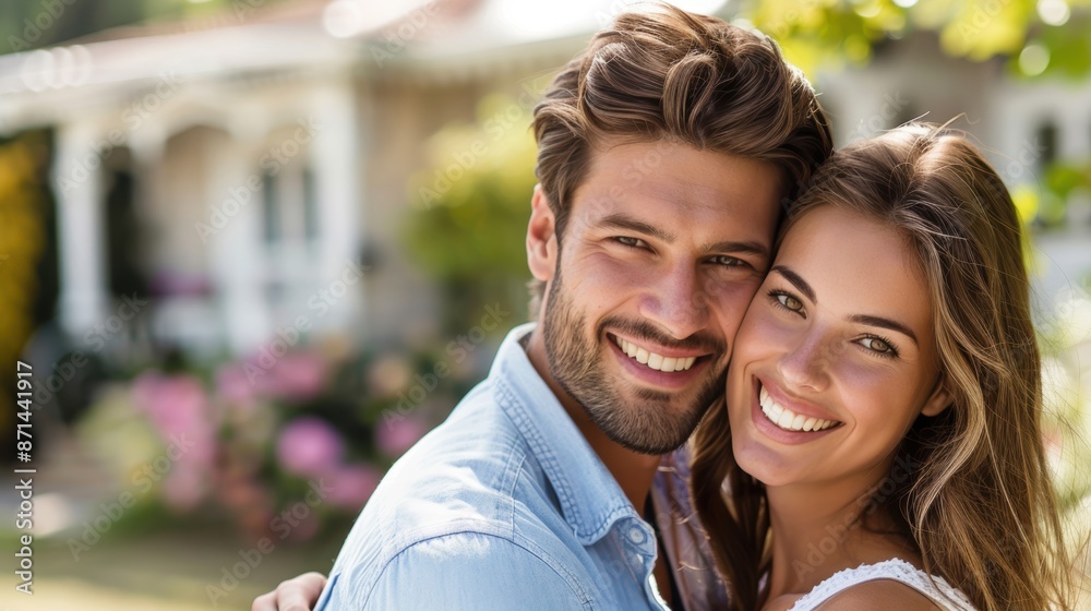 Smiling couple embracing each other in front of their house, showing love and happiness in a home setting. Smiling couple embracing each other in front of their house, showing love and happiness in a home setting.