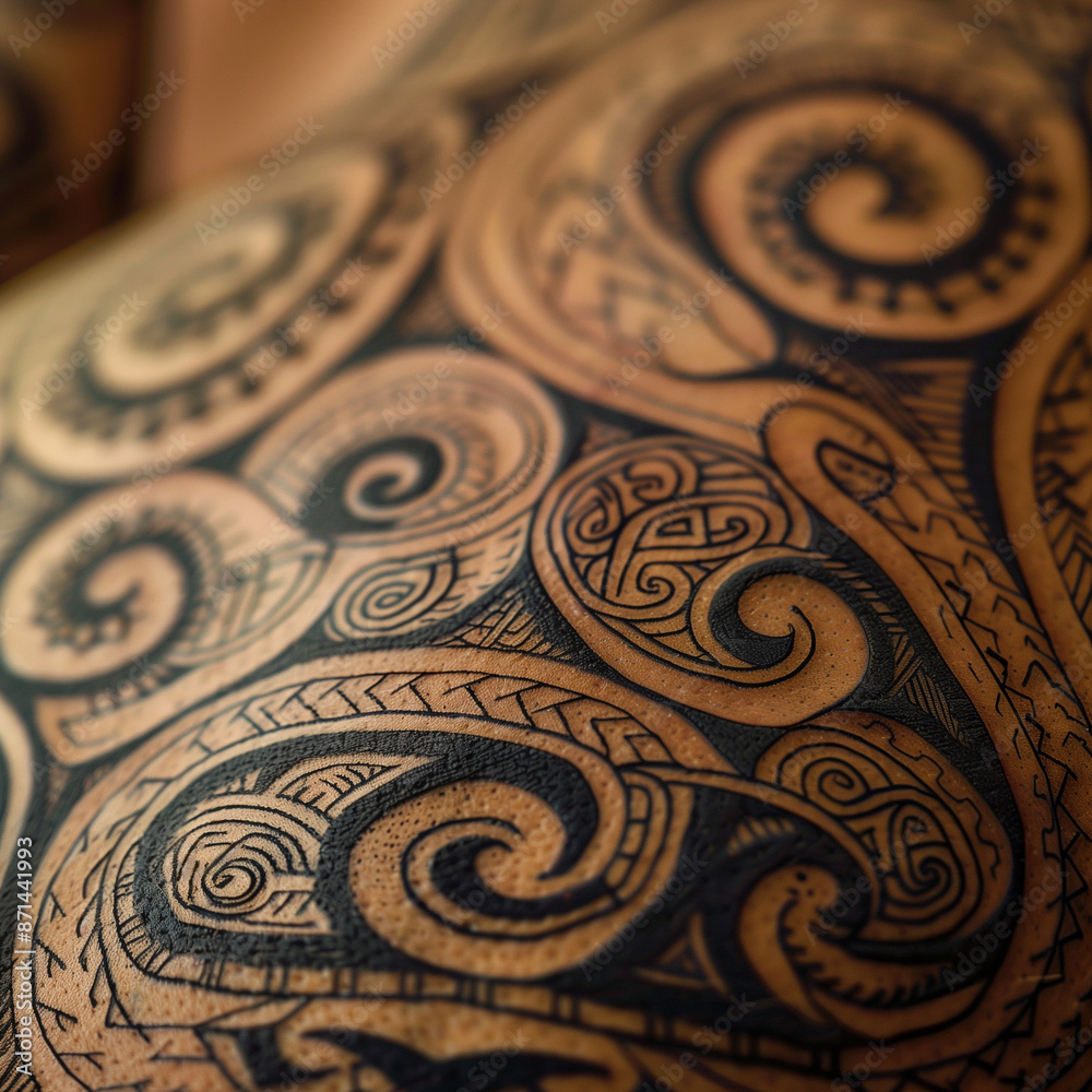 Traditional Maori Tattoo: Close-Up of Intricate Patterns, Symbolizing Heritage and Identity, Enhanced by Natural Light Traditional Maori Tattoo: Close-Up of Intricate Patterns, Symbolizing Heritage and Identity, Enhanced by Natural Light