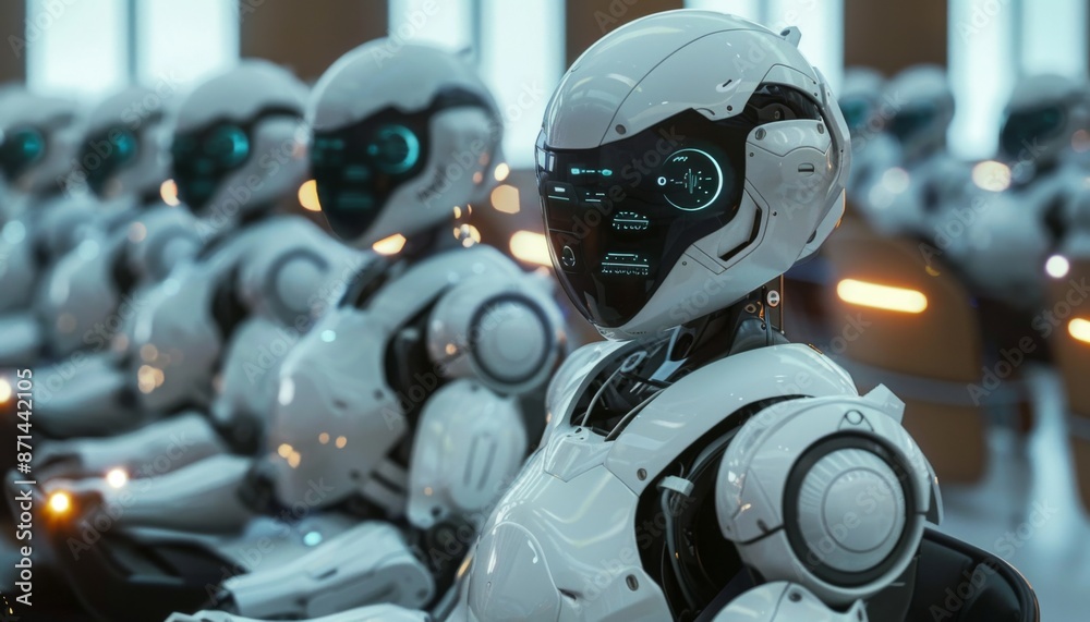 AI humanoid robots in a futuristic classroom learning from holographic displays bright high tech 3D render AI humanoid robots in a futuristic classroom learning from holographic displays bright high tech 3D render