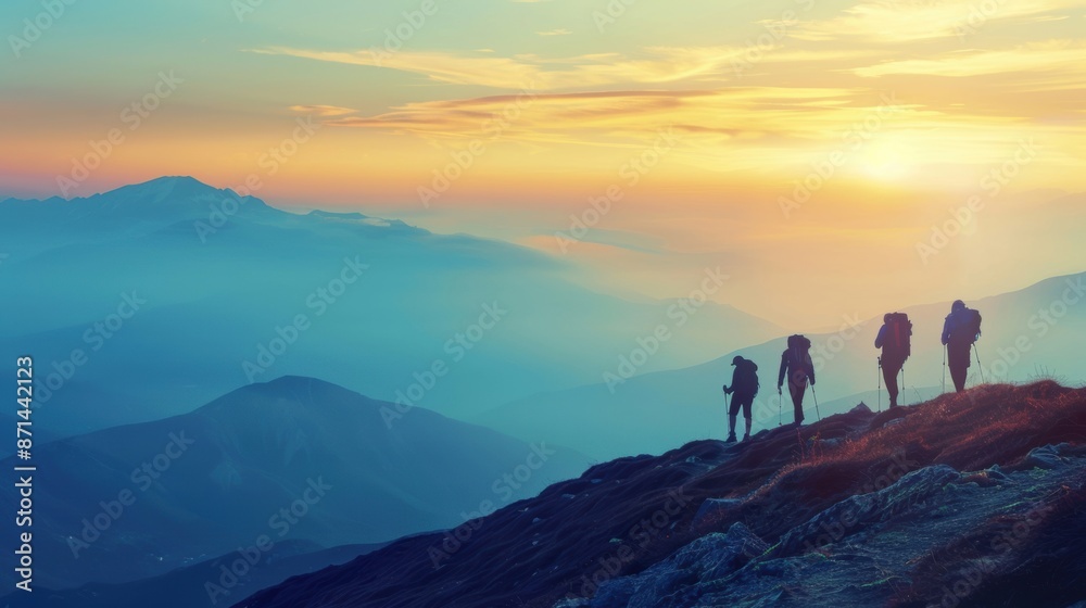 Silhouetted hikers trekking along a mountain trail at sunrise, with layers of misty mountains in the background. Silhouetted hikers trekking along a mountain trail at sunrise, with layers of misty mountains in the background.