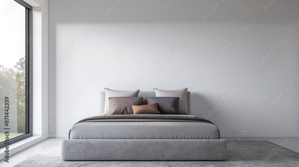 Luxurious master bedroom with a big window filling the room with natural light. Luxury residential real estate composition in neutral colors. Luxurious master bedroom with a big window filling the room with natural light. Luxury residential real estate composition in neutral colors.