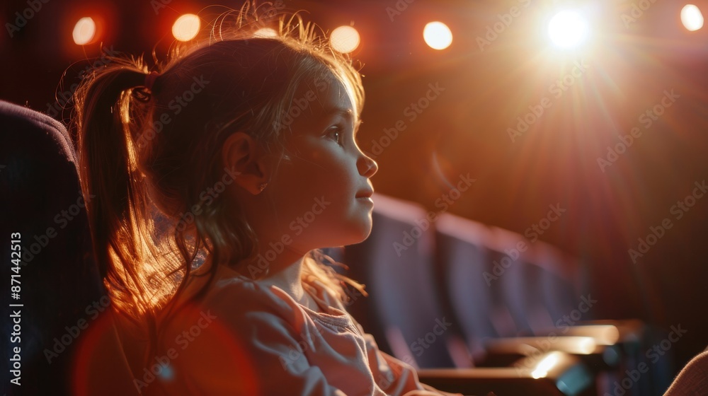 A young child captivated by a theater performance, illuminated by the stage lights, creating a magical and enchanting experience. A young child captivated by a theater performance, illuminated by the stage lights, creating a magical and enchanting experience.