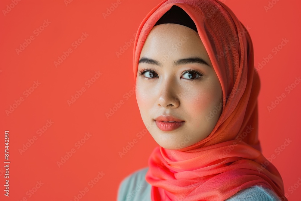 Portrait of a Young Woman in a Coral Hijab Portrait of a Young Woman in a Coral Hijab