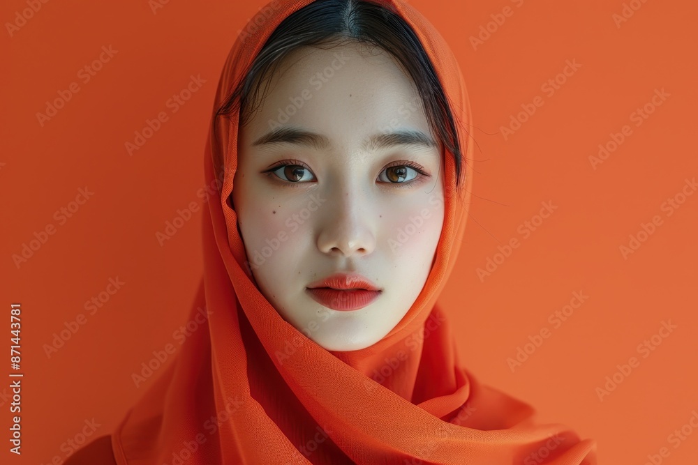 Woman in Orange Scarf Posing Against a Solid Orange Background Woman in Orange Scarf Posing Against a Solid Orange Background