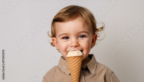 하얀바탕에 아이가 아이스크림이 묻은 얼굴을 한채 카메라를 보며 활짝 미소짓고 있다 photo