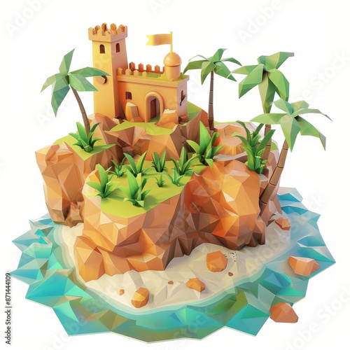 3D Render, Low Poly style of a small island with ancient ruins, on isolated white background, Generative AI
