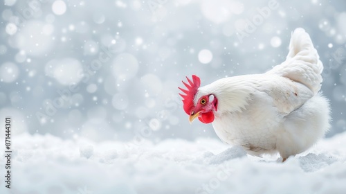 A white chicken walking in the snowy landscape, with soft snowflakes falling in the background on a winter day. photo