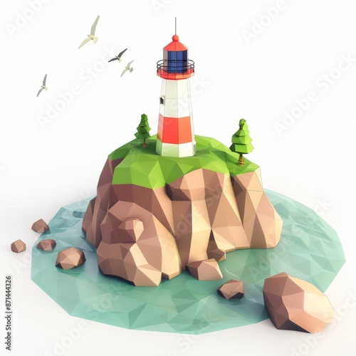 3D Render, Low Poly style of a tiny island with a lighthouse, on isolated white background, Generative AI