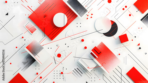 Abstract background with geometric shapes and red elements on a white paper, design concept for a business presentation of ideas or a creative project plan in a flat lay style with copy space design