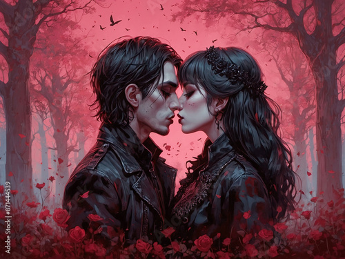 Artwork of a goth couple in black dress on the verge of a kiss