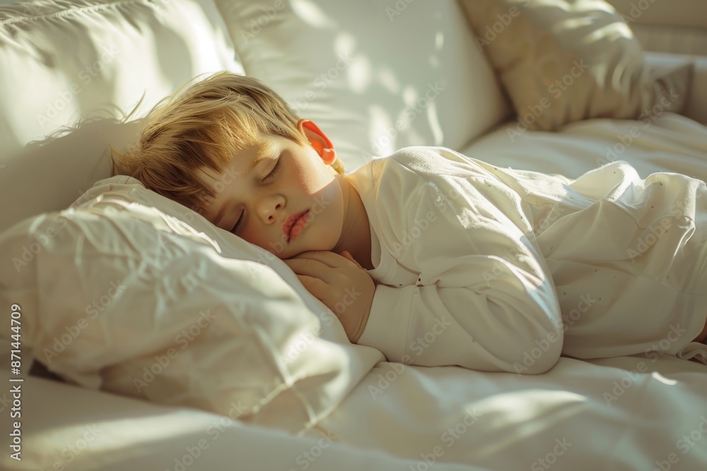 Cute little boy sleeping on the bed at home. Cute child in white bedding. Cute little boy sleeping on the bed at home. Cute child in white bedding.