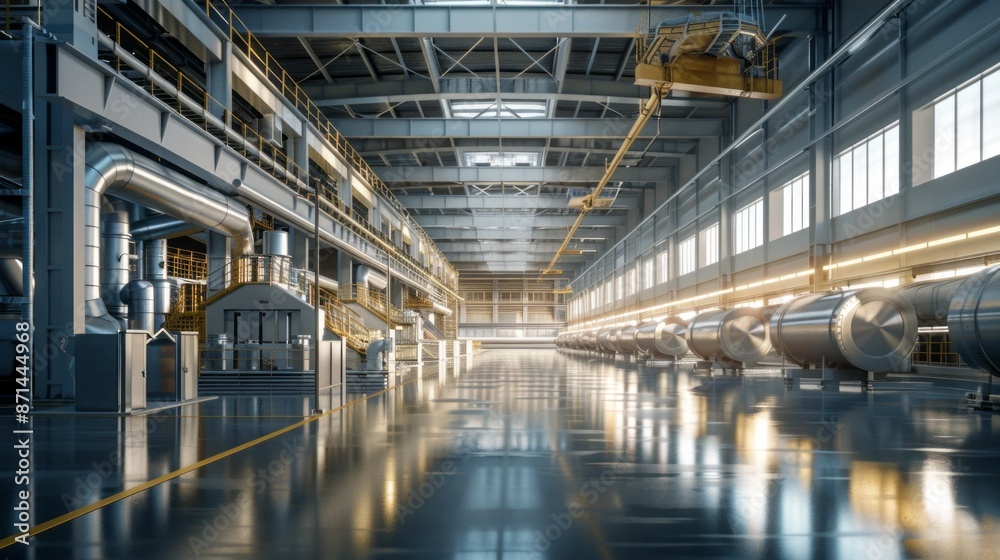 A wide shot captures the interior of a modern manufacturing facility, showcasing its vastness, intricate machinery, and gleaming polished floors reflecting the overhead lighting A wide shot captures the interior of a modern manufacturing facility, showcasing its vastness, intricate machinery, and gleaming polished floors reflecting the overhead lighting