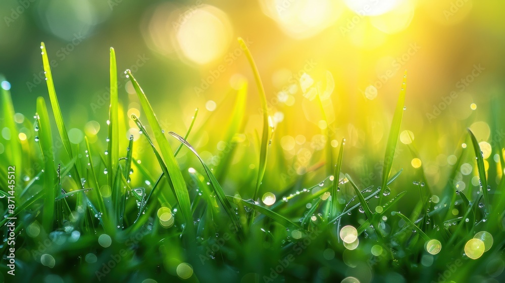 Fototapeta premium Close-up of dew-covered grass blades glowing in sunlight, creating a fresh and vibrant natural scene.
