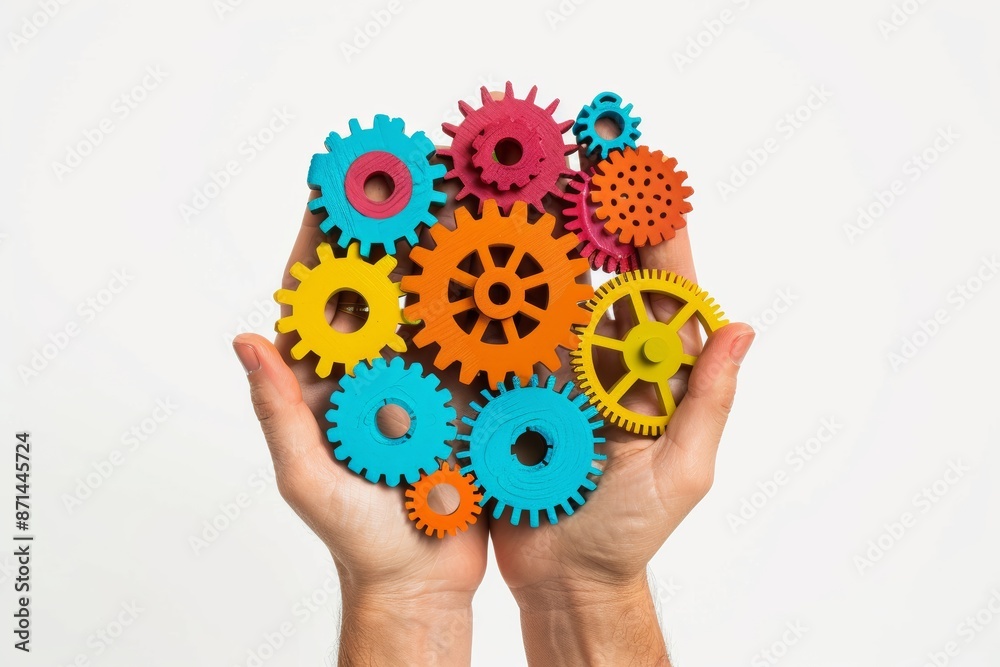 Highlighted in the illustration is a captivating cogwheel, featuring a stunning rainbow shade and intricate detailing, gently grasped by a hand against a plain white background. Highlighted in the illustration is a captivating cogwheel, featuring a stunning rainbow shade and intricate detailing, gently grasped by a hand against a plain white background.