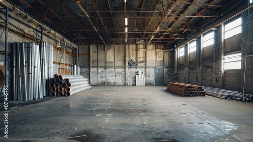 A spacious, industrial warehouse interior with stacks of metal pipes lining the walls. The concrete floor is dusty and the walls are weathered