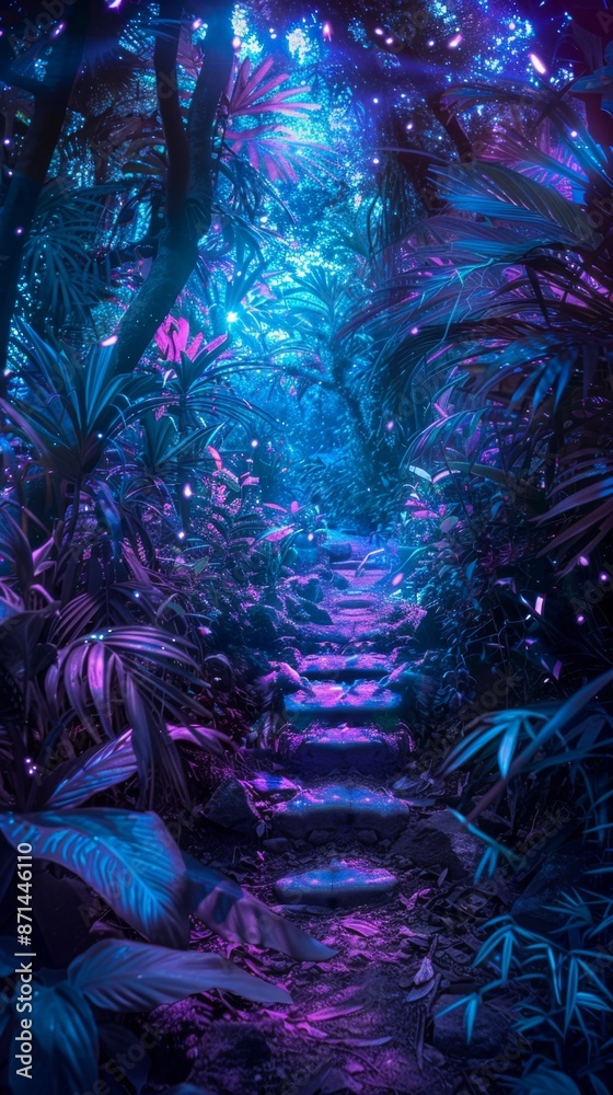 Fototapeta premium Mystical Forest with Blue and Purple Neon Lights and Glowing Pathway. Enchanting Jungle Scene Perfect for Halloween, Magical Worlds, and Gaming. Eerie and Spooky Nighttime, AI-Generated HD Wallpaper.