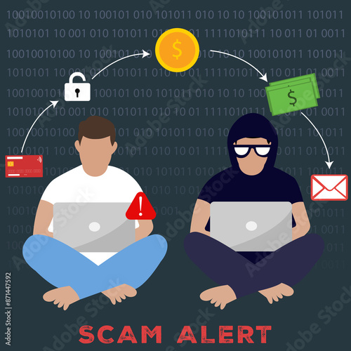 Phishing scam alert,Scam Alert with Man, Phishing for Trouble, Scam Alert! , Digital Fraud flat charter vector -graphics, illustrator.	 photo