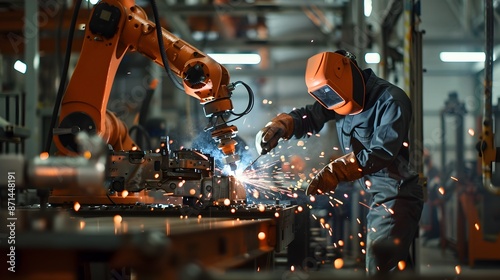 Fusion of Man and Machine in Futuristic Car Parts Manufacturing Facility Robotic Welding Creates Mesmerizing Symphony of Sparks and Light Technicians Guiding Mechanical Movements with Expertise © Mina Nida