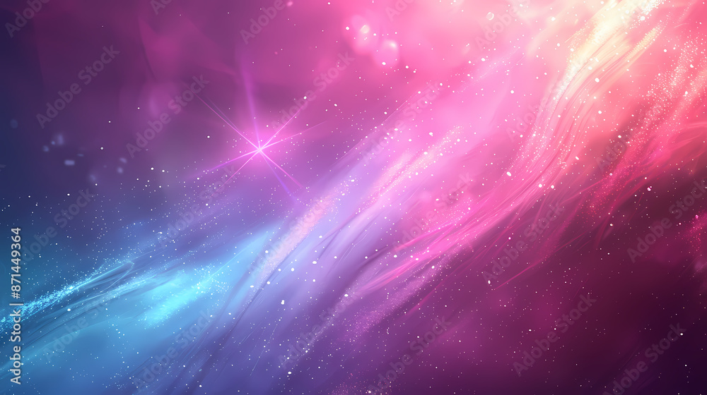 Fototapeta premium Abstract cosmic background with pink, purple, and blue hues, featuring a glowing star and sparkling particles.