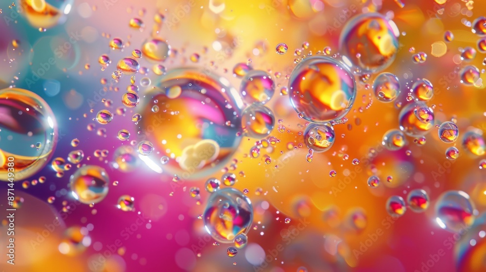 Abstract Colorful Food Oil Drops Bubbles and spheres Flowing on Water Surface Macro Photography