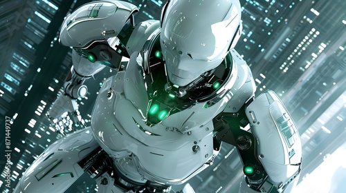 of a White Robot Paragon an imposing mechanical sentinel with lustrous chrome plating and radiant emerald illumination photo