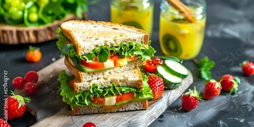 Create a Healthy and Tasty Lunch with a Sandwich, Fresh Fruits, and Juice. Concept Meal Prepping, Balanced Diet, Nutritious Choices, Quick and Easy Recipes, Fruit Smoothies photo