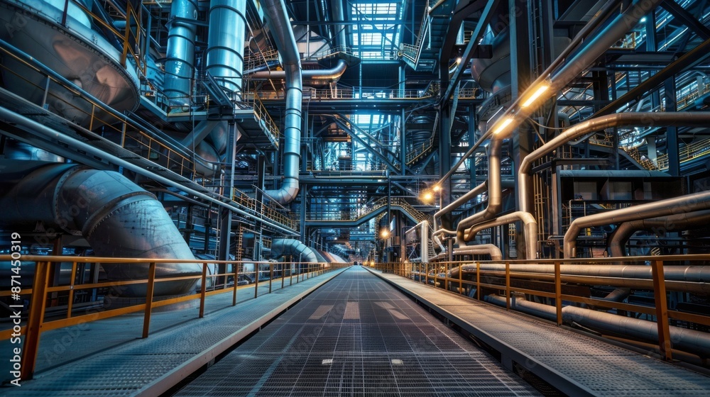 Fototapeta premium A narrow walkway winds its way through a complex network of pipes and platforms in a modern industrial facility