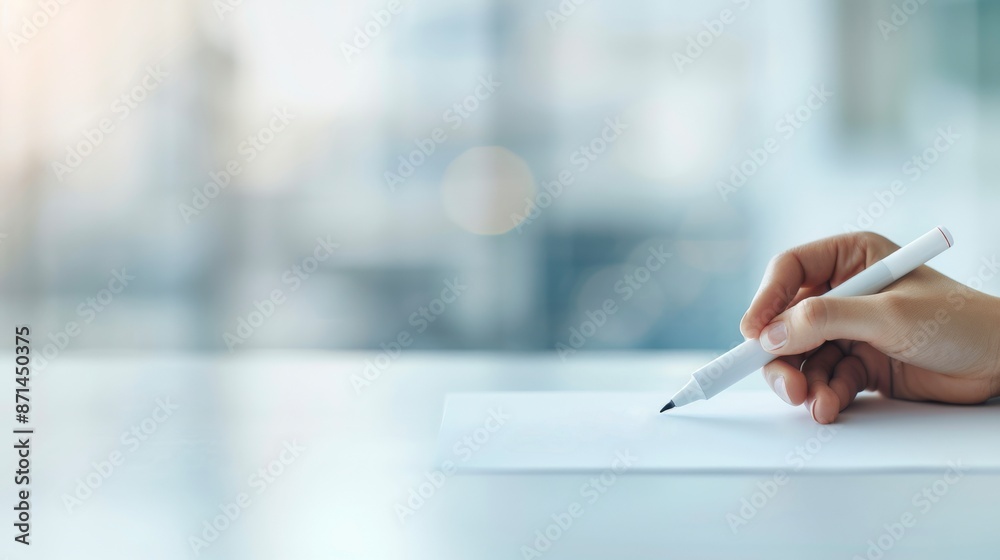 Close-up of a hand holding a pen, writing on a piece of paper, with a blurred office background, capturing a moment of focus and concentration. Close-up of a hand holding a pen, writing on a piece of paper, with a blurred office background, capturing a moment of focus and concentration.