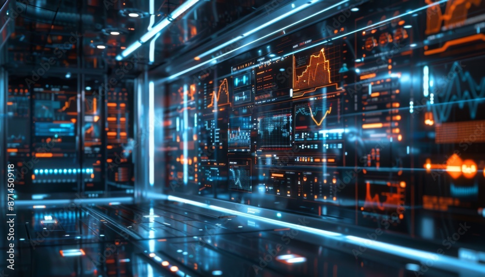 Fototapeta premium Virtual financial advisor hologram interface sleek modern office transparent screens futuristic finance