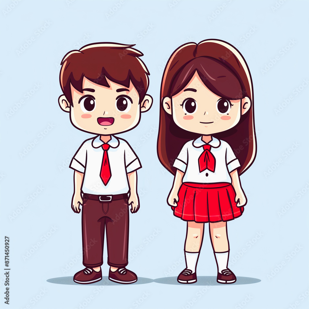 Indonesia elementary kids student cartoon wearing uniform. Indonesia elementary kids student cartoon wearing uniform.