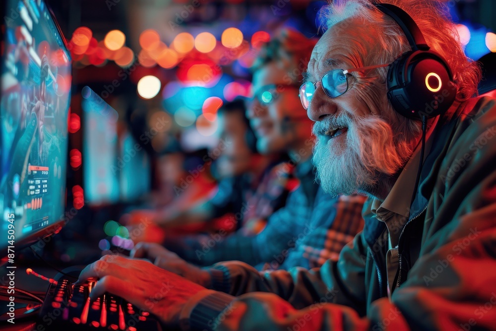 Obraz premium Elderly Man Playing Video Games in Gaming Arena 