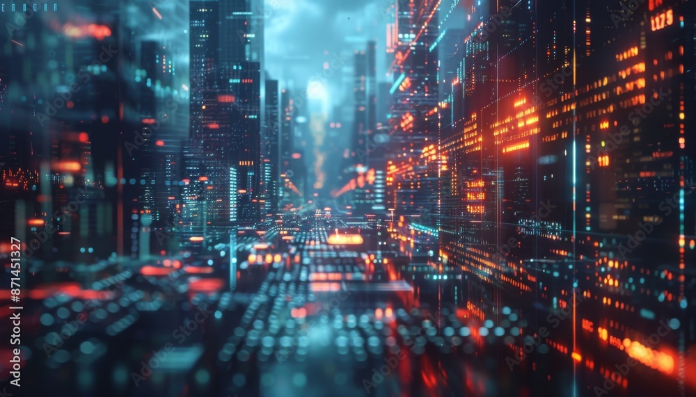 Augmented reality stock trading transparent holographic screens bustling cityscape modern technology
